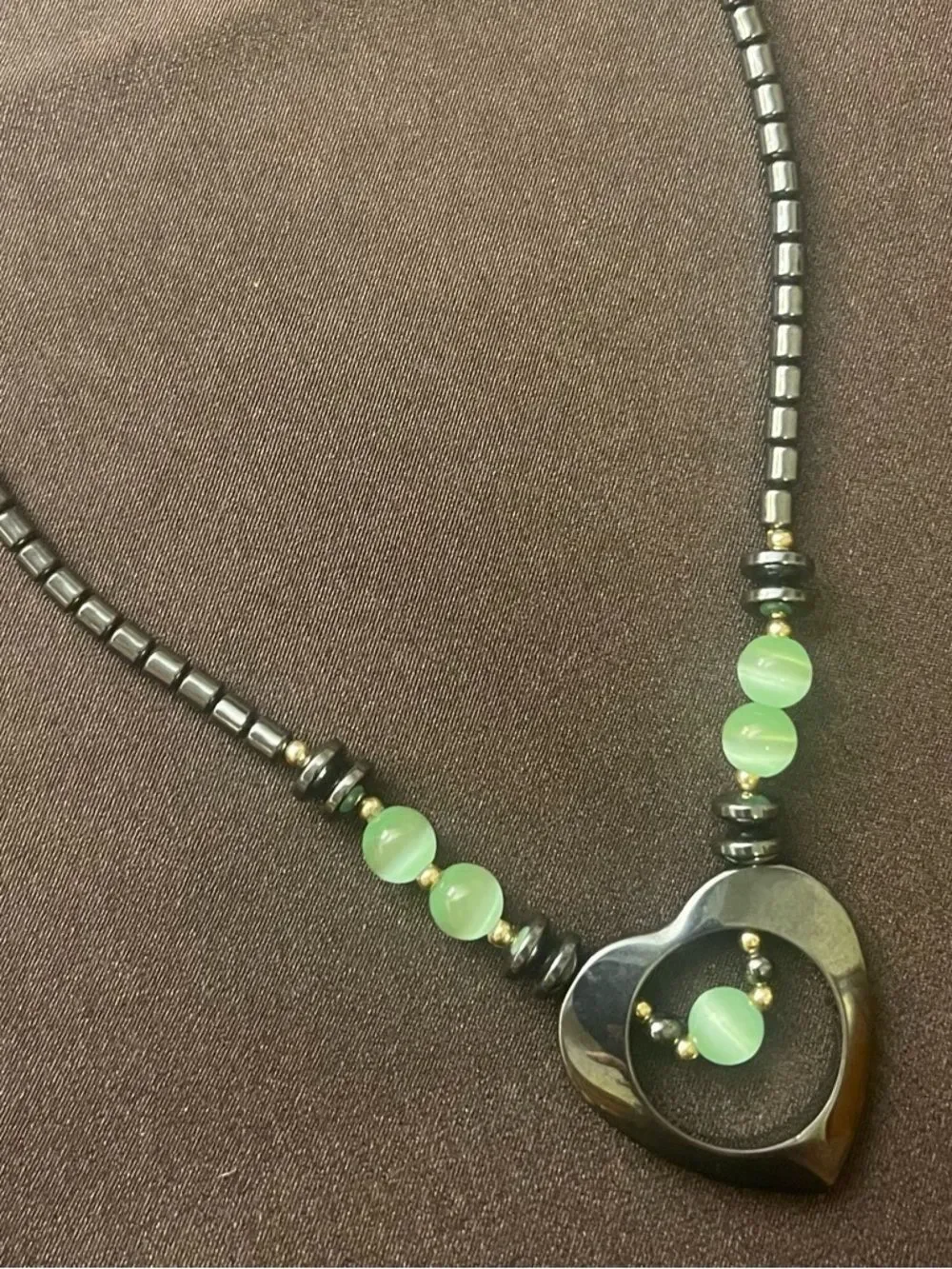 Heart Pendant Necklace - Hematite and Cat Eye Beads